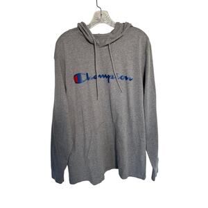 Champion Mens Lightweight Hoodie Long Sleeve Grey Size XL Logo Spellout
